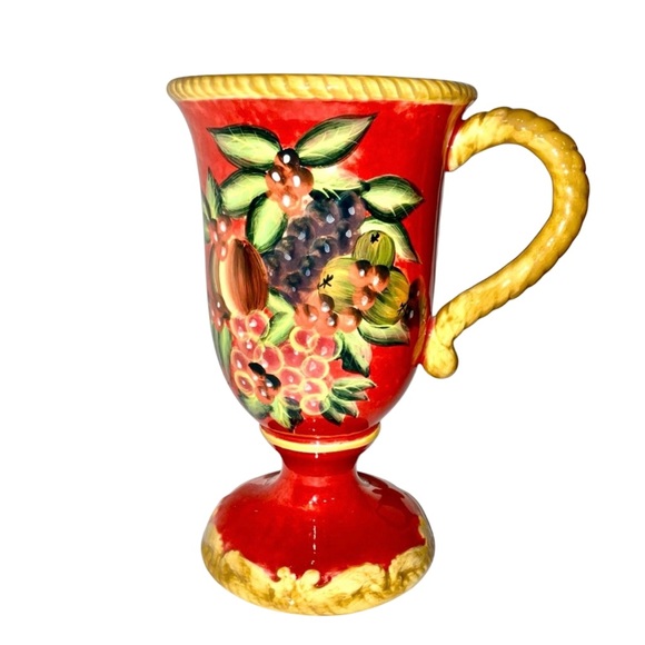 Raymond Waites Tuscany Red Pedestal Mugs Ceramic Gold Rim Fruit Pattern Set of 4 - Picture 2 of 6
